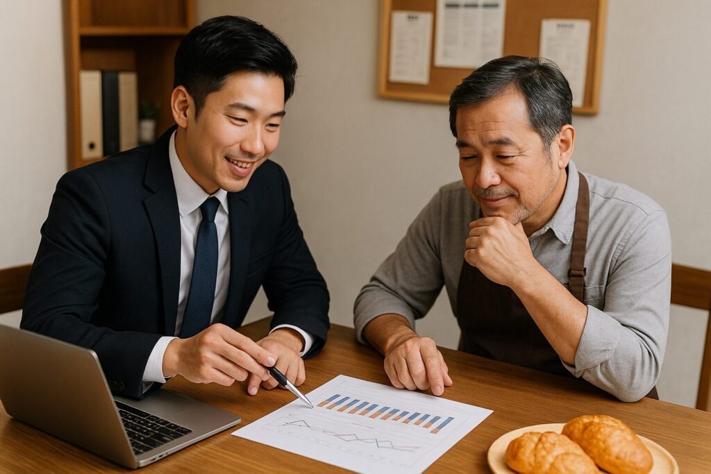 FLR比率についてパン屋の事務所で中小企業診断士とオーナーが財務データを見ながら改善案を出し合っている