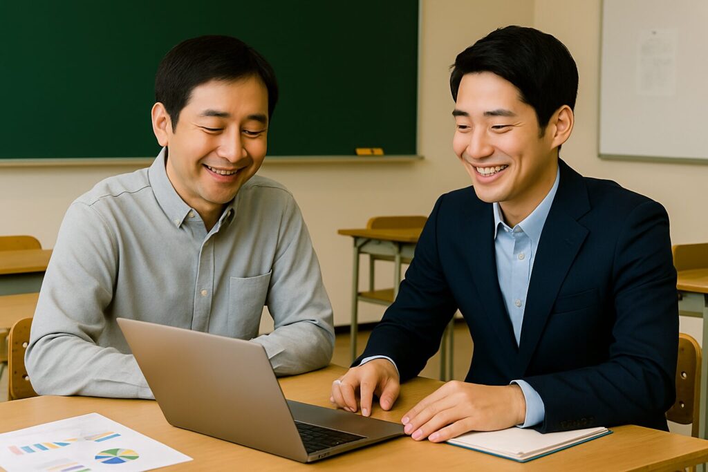 塾の生徒増加するための５つの実践法を教えている中小企業診断士と塾の経営者