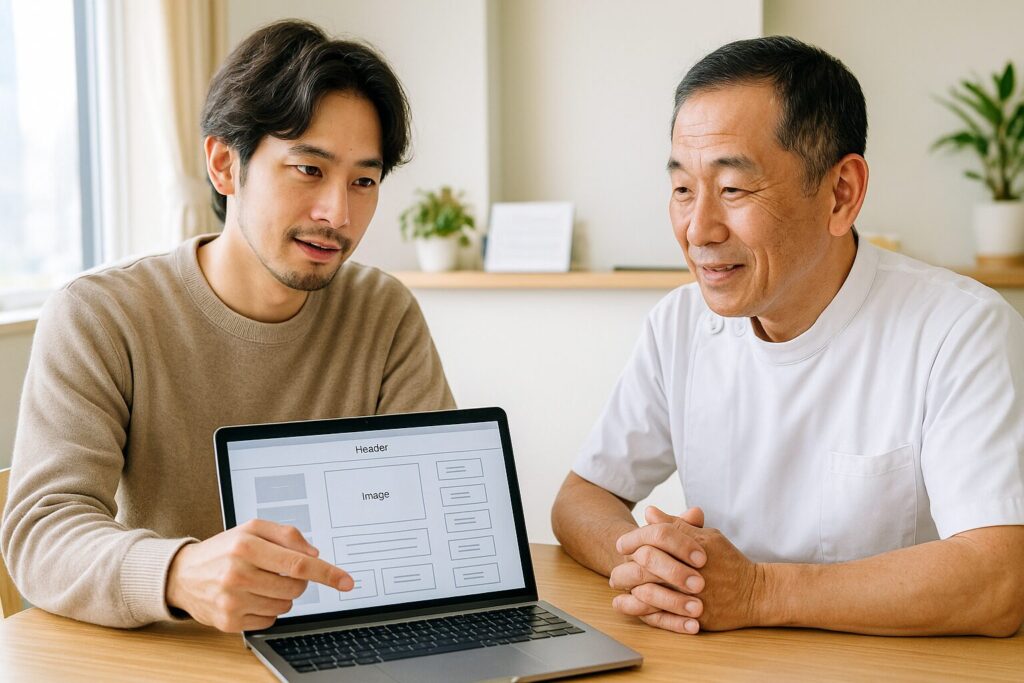 整体院のホームページを集客できるように打ち合わせしている中小企業診断士と院長の画像