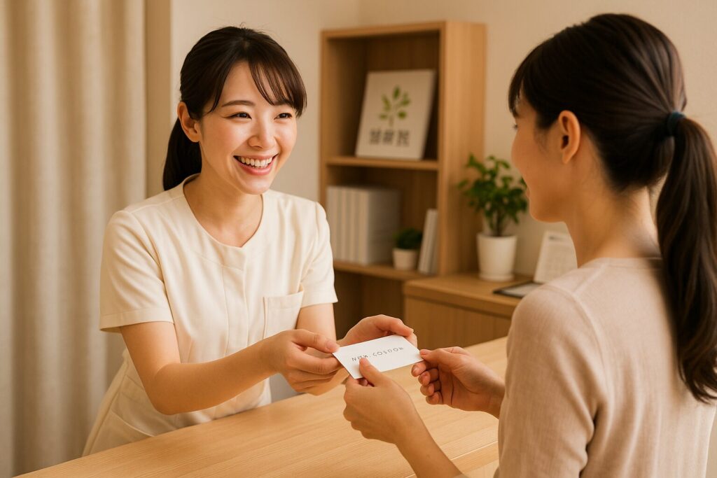 整体院のリピート集客のため、割引回数券を販売するスタッフ