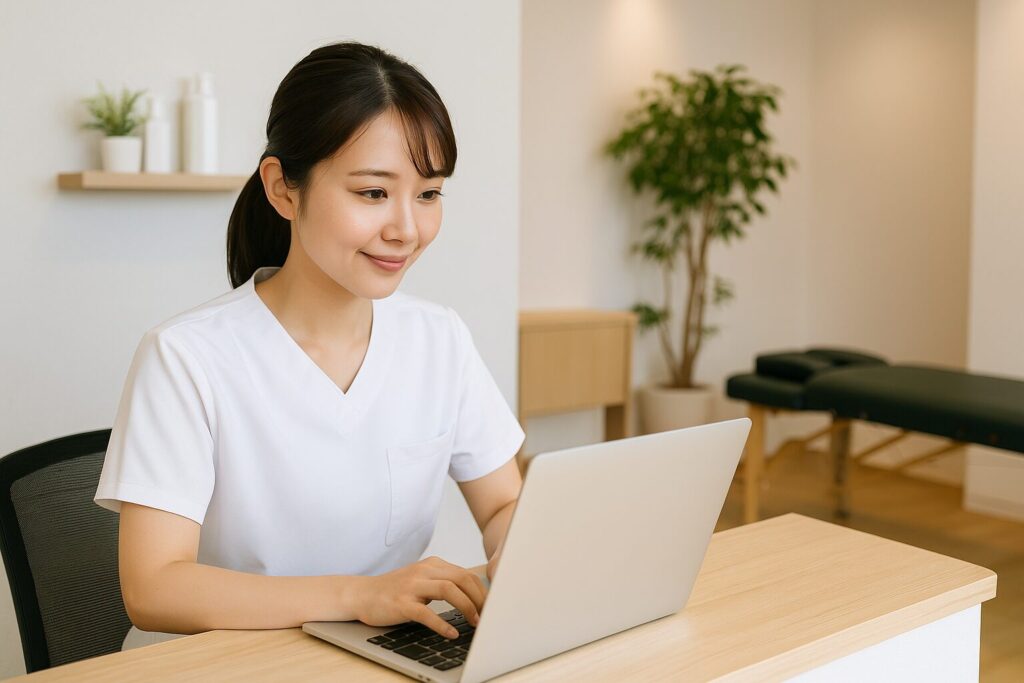 整体院の受付スタッフがグーグルビジネスプロフィールを更新している画像