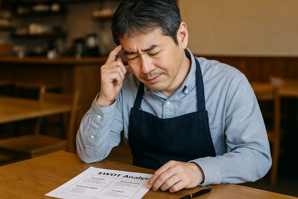 SWOT分析の資料を見ながら悩む日本人の飲食店経営者