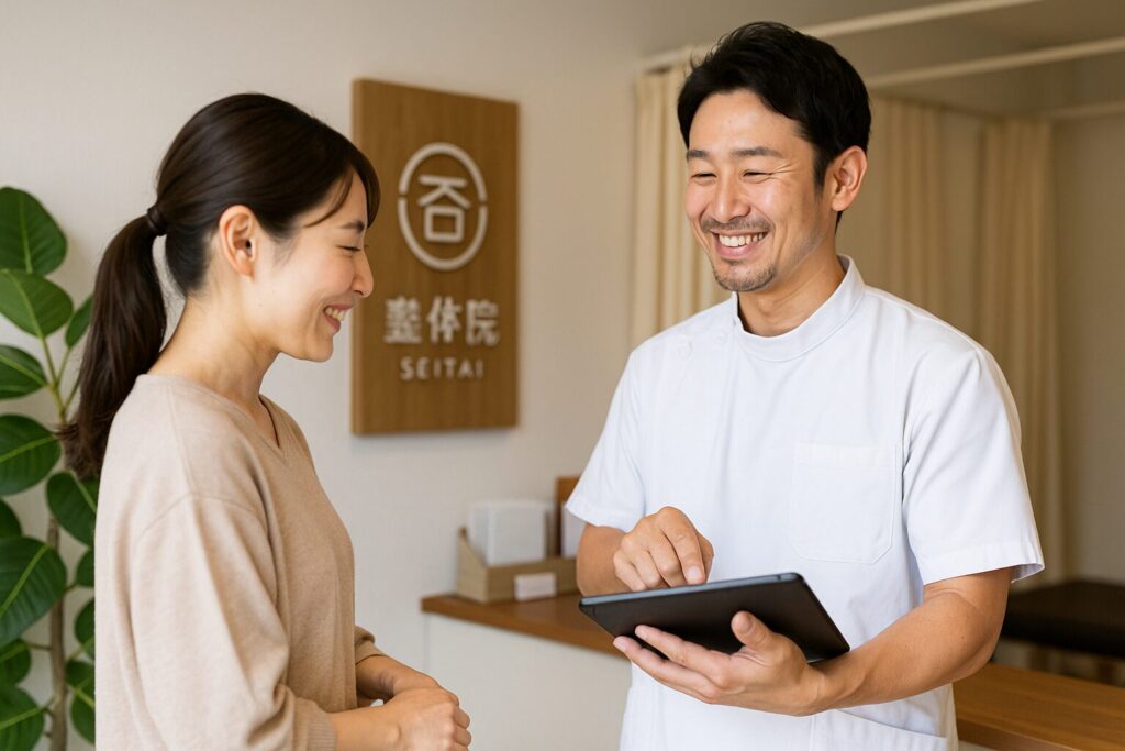 整体院がリピート集客するため、タブレットで次回の予約を確認して埋めている様子