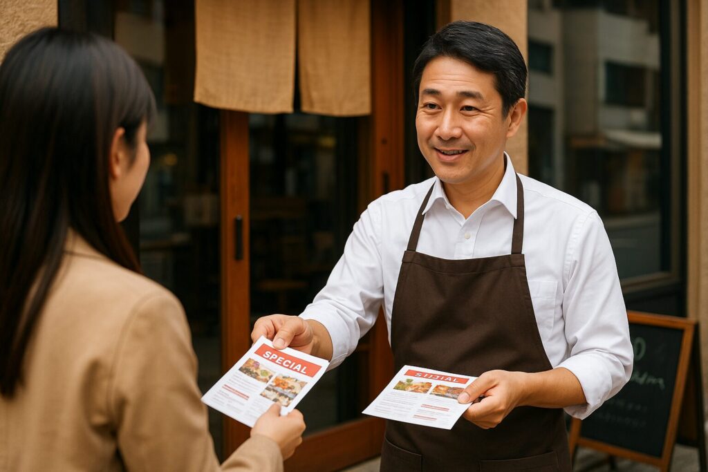 SWOT分析でみえた飲食店の課題解決のため、店前で通行人に宣伝チラシを配る飲食店経営者