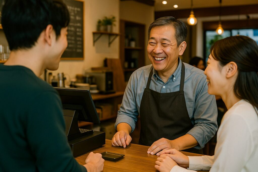 ファンを増やすためのブランドコミュニケーションを実践して顧客と楽しそうに談笑する飲食店経営者