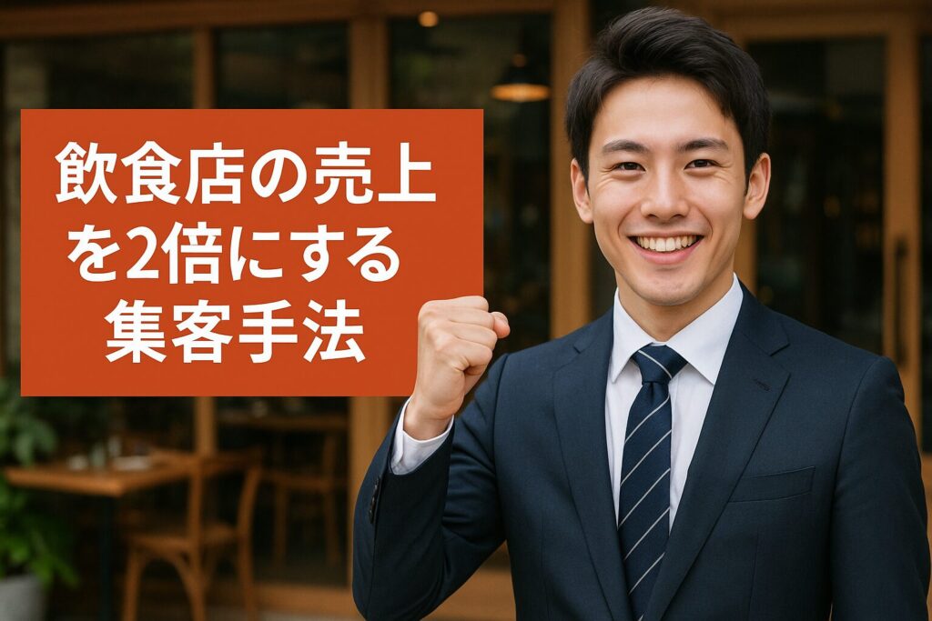 飲食店の売上を2倍にする集客手法を紹介する飲食店の前で笑顔でガッツポーズをする若いコンサルタント
