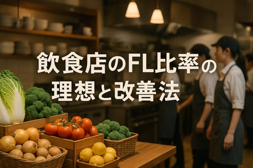飲食店の厨房で材料と従業員が並ぶ様子に「飲食店のFL比率の理想と改善法」と書かれたサムネイル画像
