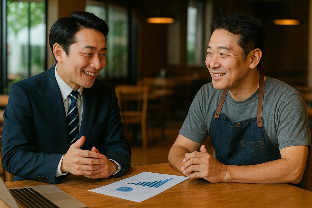 中小企業診断士が飲食店オーナーに経営改善と売上アップのアドバイスを行っている打ち合わせ風景