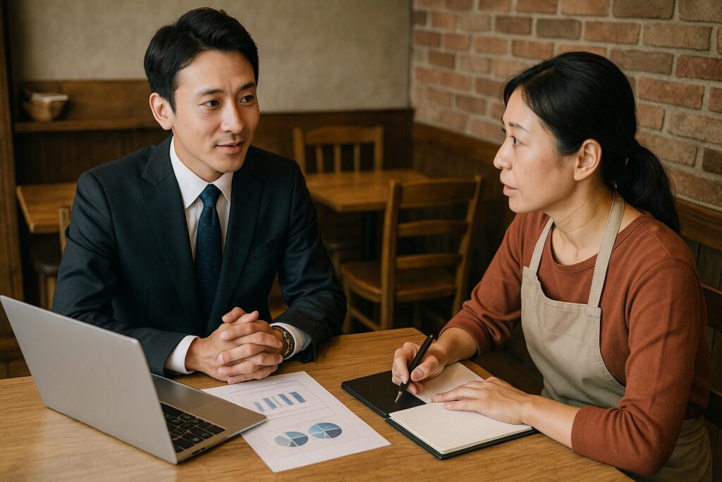 中小企業診断士が飲食店オーナーに経営支援を行っている相談風景