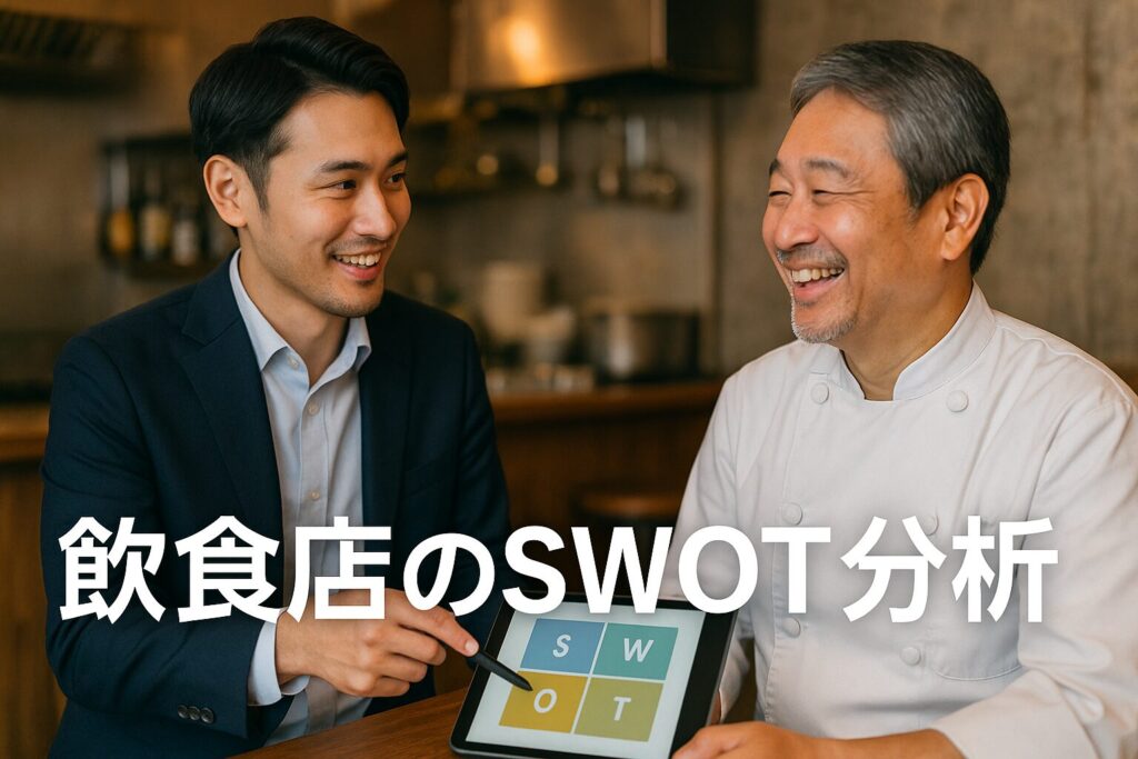 コンサルが飲食店のSWOT分析を説明し、店主が笑顔で理解している様子