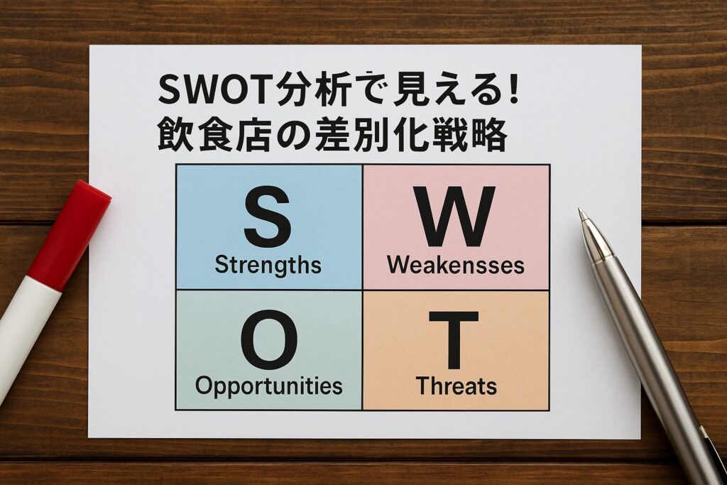SWOT分析を活用して飲食店の差別化戦略を検討するイメージ