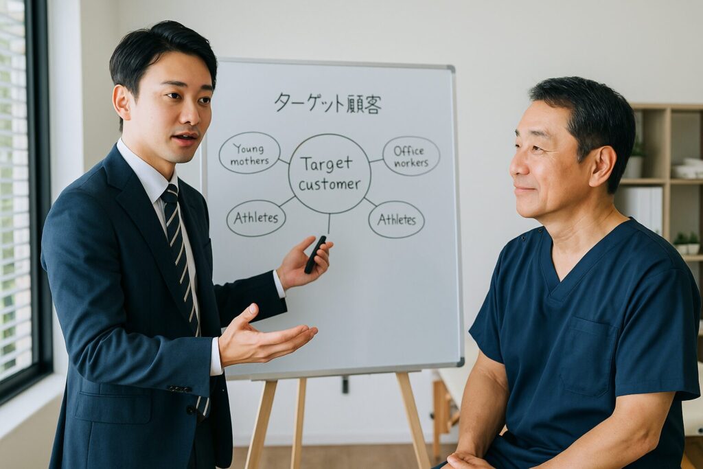 整体院のターゲットの決め方を院長に教えている中小企業診断士