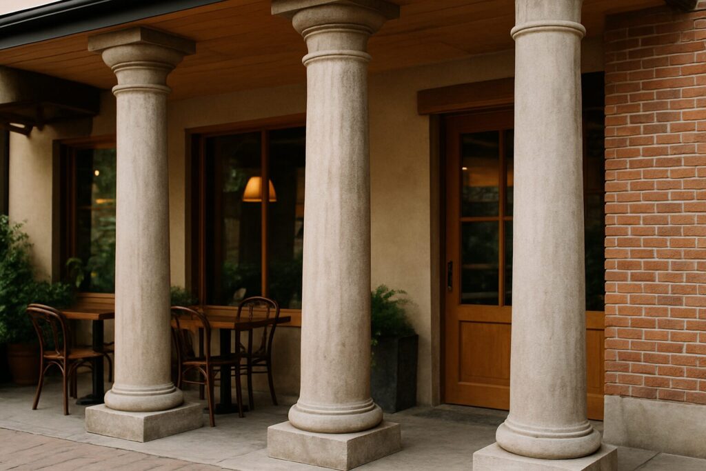 飲食店のマーケティングの重要な３点を間接的に示した飲食店を三本の柱がしっかりと支えている様子