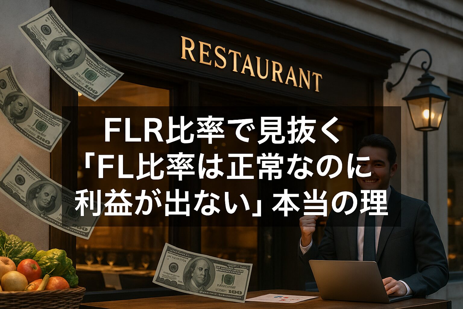 高級レストランの外観からお金が飛んでいく様子で「FL比率は正常なのに利益が出ない本当の理由」を表現したサムネイル画像