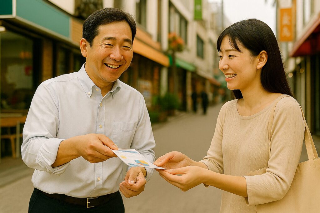 塾の集客に成功するオフライン施策でチラシを配る塾の経営者