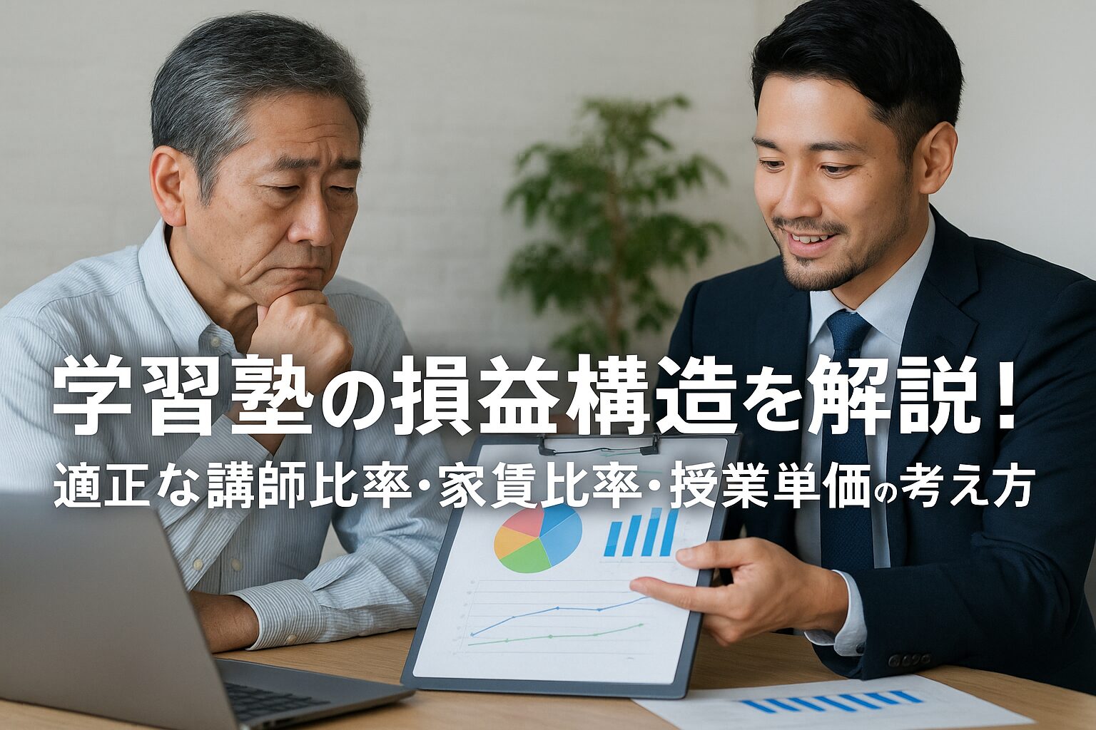 学習塾の収益構造を説明する中小企業診断士と塾長の画像