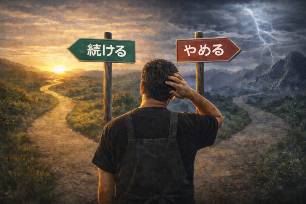 事業を続けるか撤退するかの分かれ道で、判断に悩む小規模事業の経営者を表したイメージ