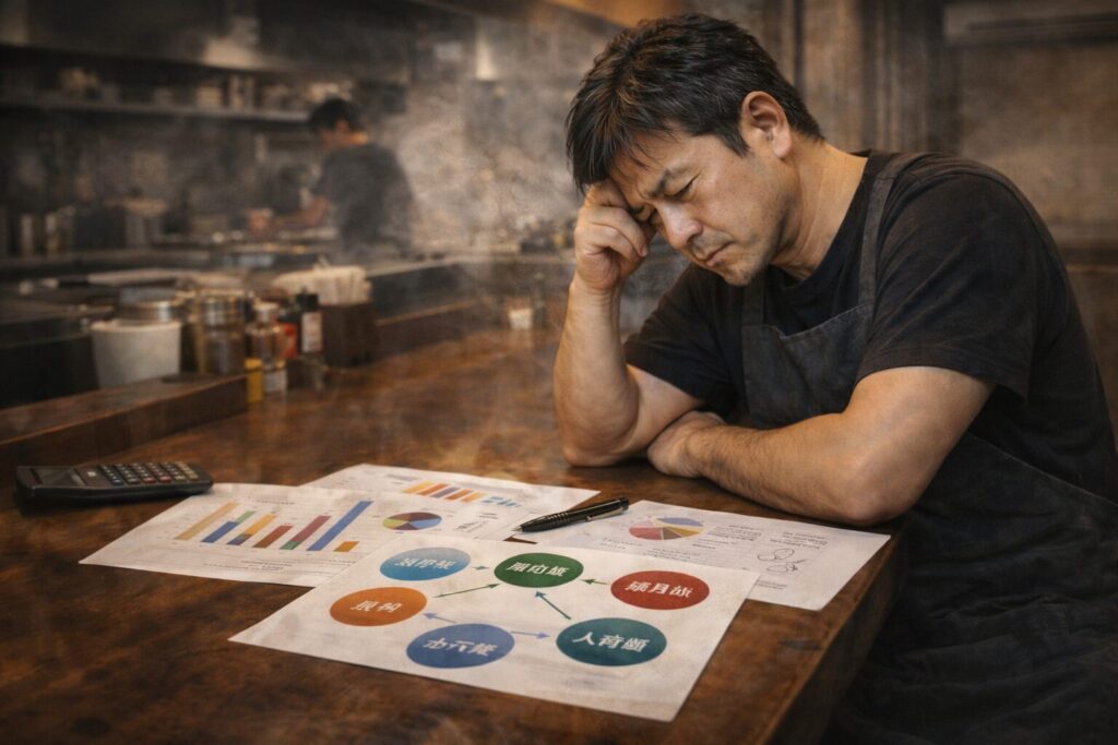 売上やコスト構造を分析しながら、経営改善を考える小規模ラーメン店の経営者