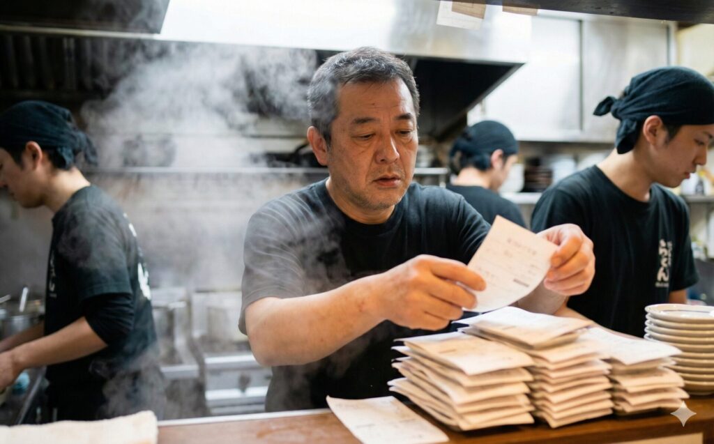 忙しいラーメン店の厨房で、山積みになった注文票を前に疲れ果てた表情を見せる中年男性の店主。