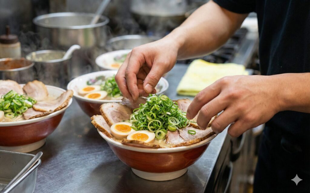 チャーシューやネギ、煮卵など、大量のトッピングを慎重に盛り付けるラーメン店スタッフの手元。オペレーションの複雑さを表現。