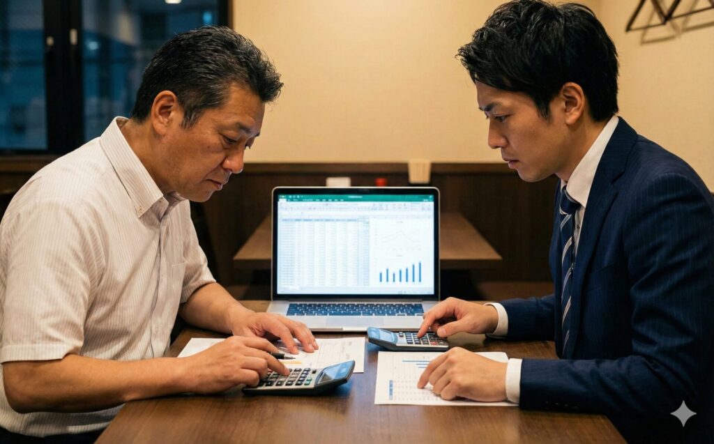 閉店後のラーメン店で、ノートパソコンのグラフと電卓を使い、経営数値を真剣に分析する店主とコンサルタント。