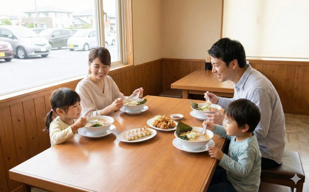 郊外のゆったりしたラーメン店で、ラーメンとサイドメニューを楽しむ家族連れ（両親と子供二人）。