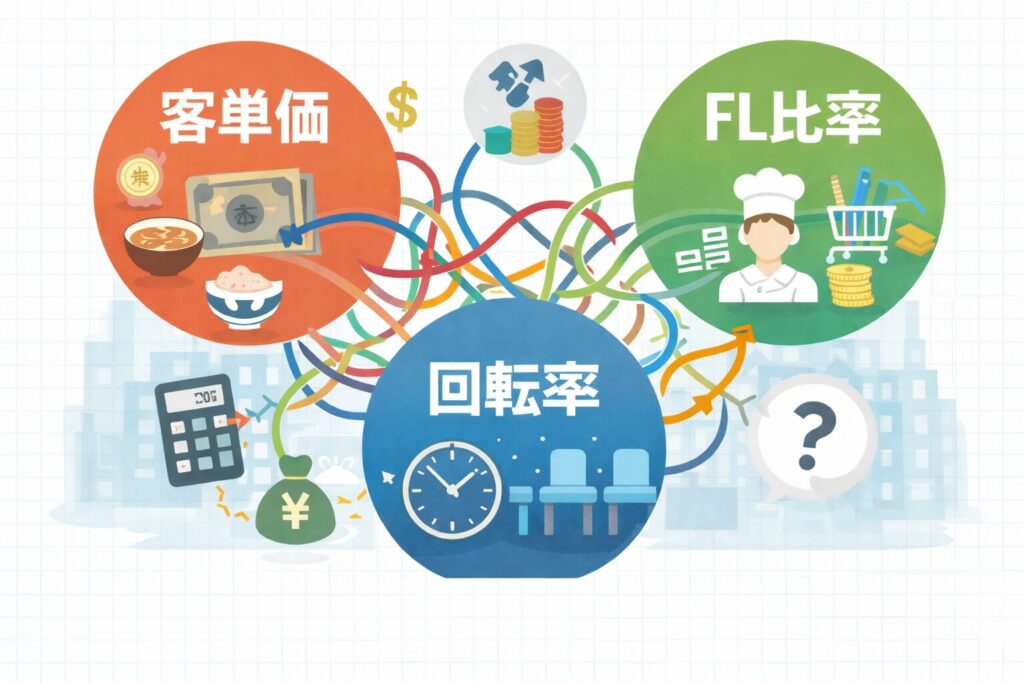 飲食店経営において客単価・回転率・FL比率が複雑に絡み合い、利益構造に影響していることを表したイラスト