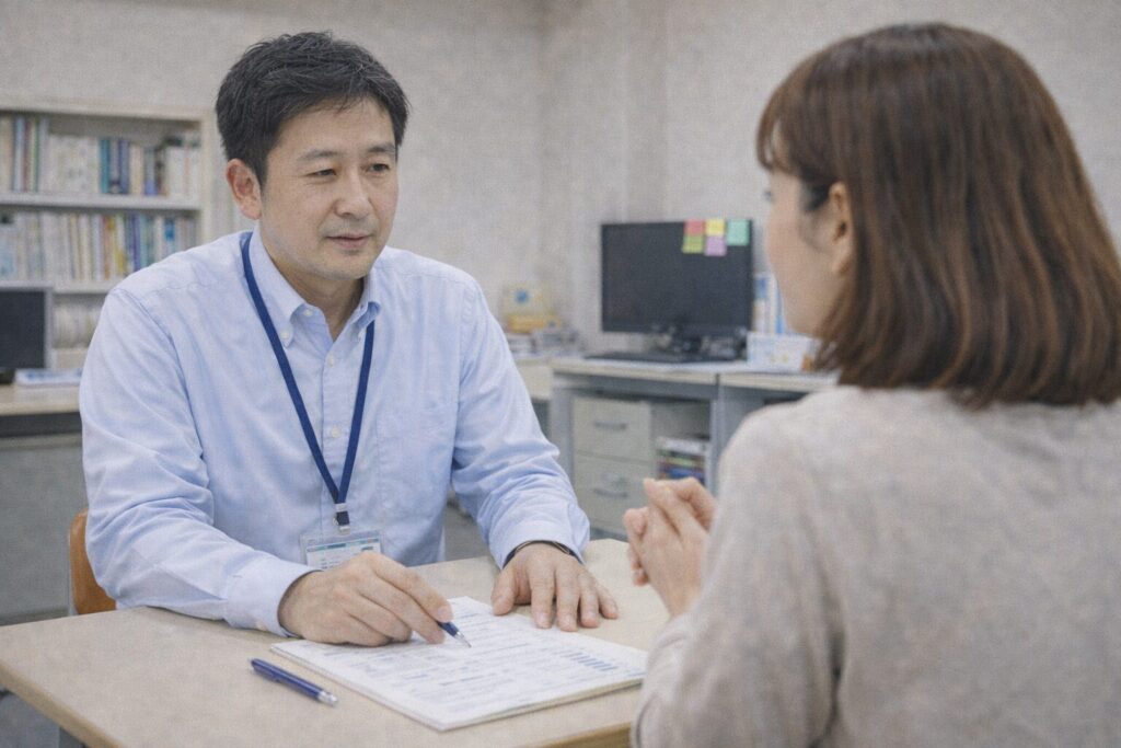 学習塾の経営者が子供の母親と面談し学習方針を丁寧に説明する様子｜体験授業後の入塾面談