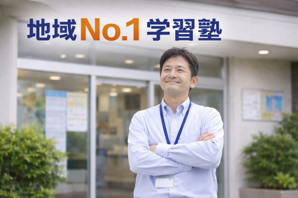 塾の外観前で腕組みし自信を持って立つ地域No.1学習塾の経営者｜地域集客に成功した学習塾