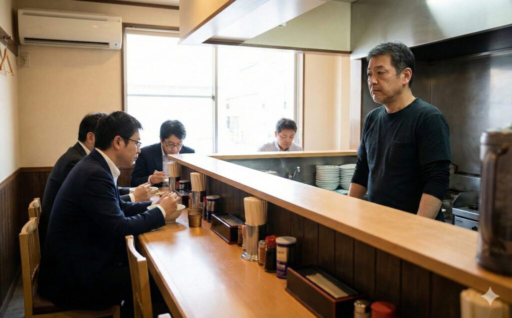 ランチタイムなのに空席が目立つラーメン店の店内で、不安そうに客席を眺める店主。