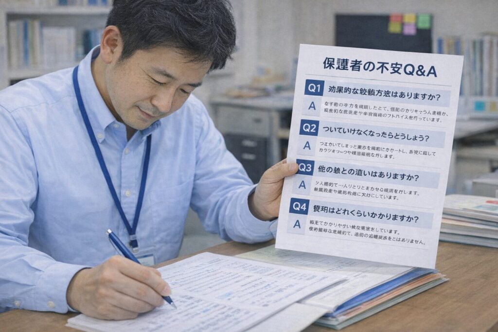保護者の不安を想定したQ&A資料を丁寧に作成する学習塾経営者｜入塾率向上につながる保護者対応