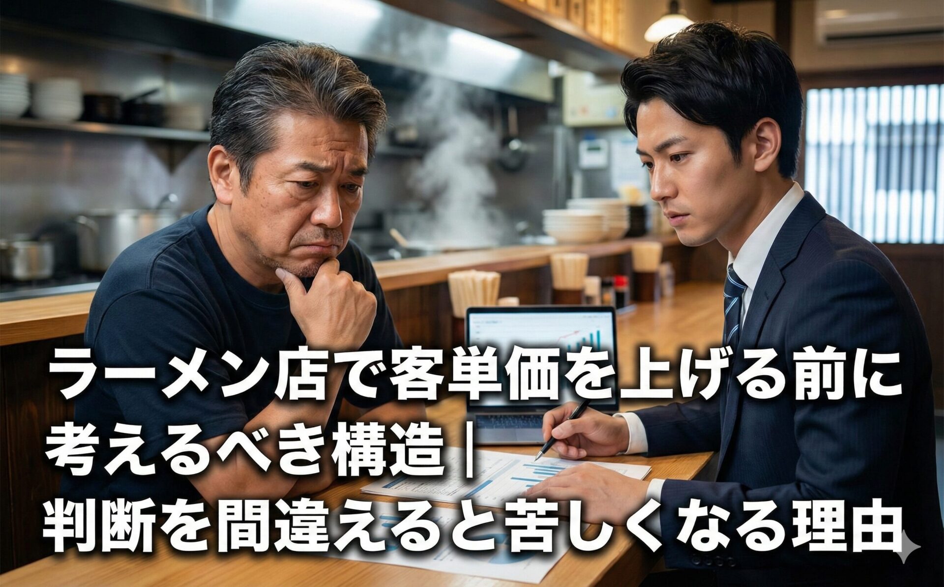 ラーメン店のカウンターで、経営構造のグラフを見ながら深刻な表情で話し合う中年店主とコンサルタント。「ラーメン店で客単価を上げる前に考えるべき構造|判断を間違えると苦しくなる理由」というタイトル文字入り。