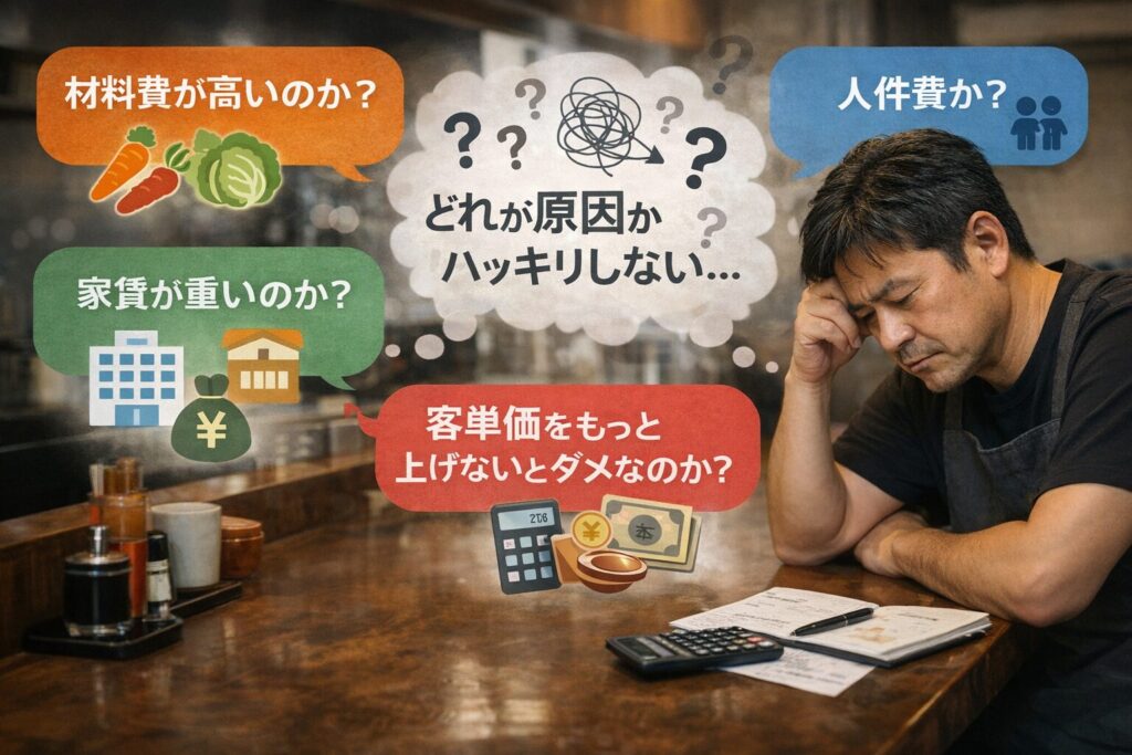 材料費や人件、家賃、客単価のどれが原因か分からず悩む小規模ラーメン店経営者の様子