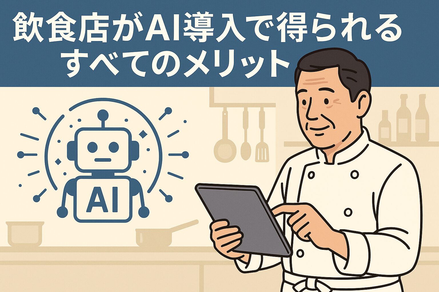 飲食店の経営者がAIを導入して業務を効率化する様子を表したイラスト|飲食店がAI導入で得られるメリットを解説
