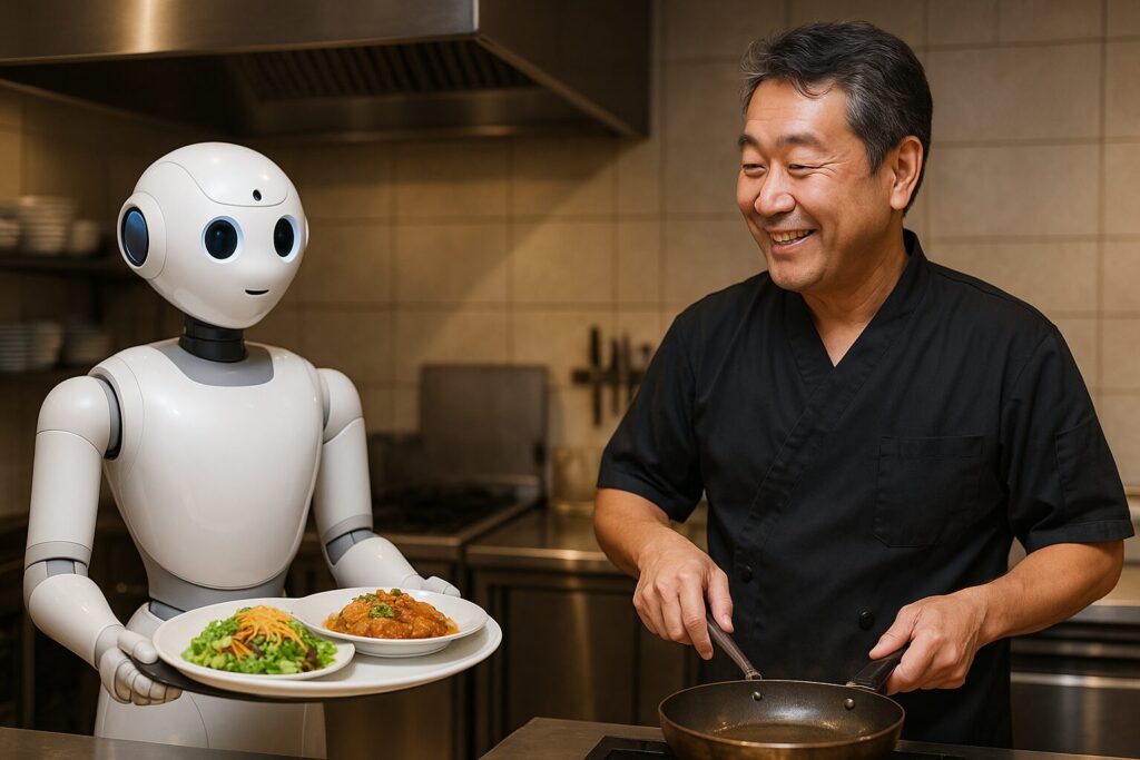AIの配膳ロボットが料理を運ぶ様子を見て満足そうに調理を続ける飲食店オーナーのシーン｜飲食店へのAI導入による効率化と省力化のメリットを示す画像