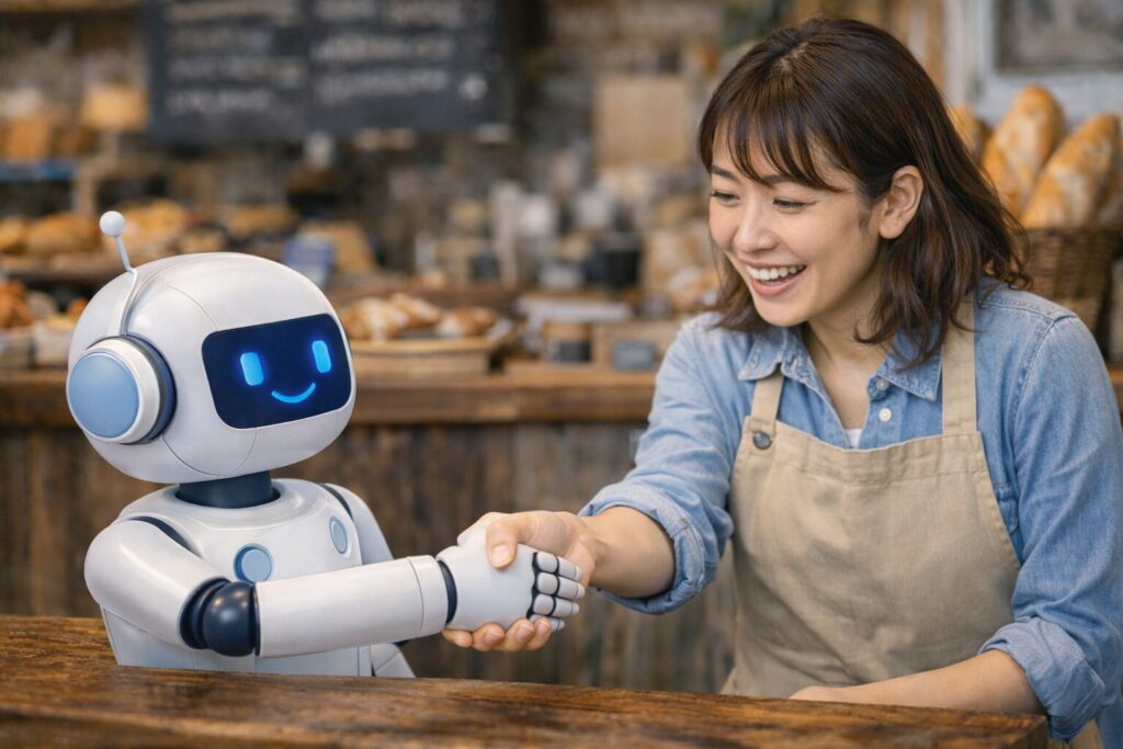 AIと協力してSNS運用を行う飲食店女性経営者のイメージ