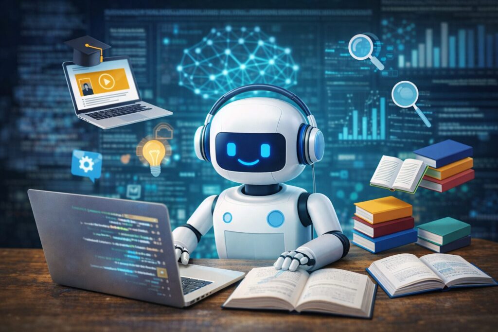 飲食店の情報を学習してSNS投稿を考えるAIのイメージ