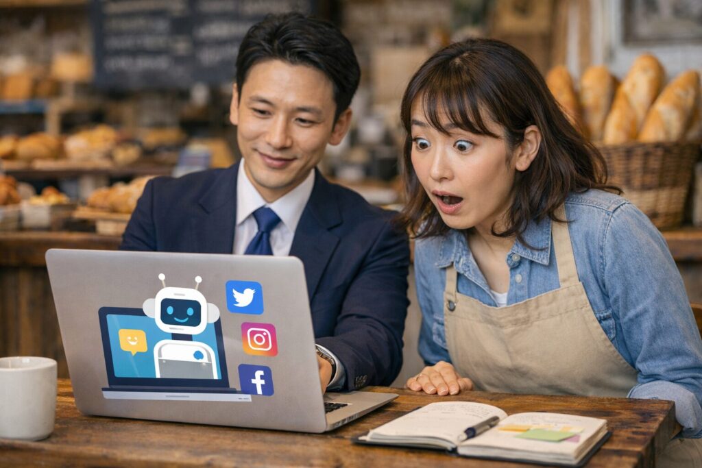 AIでSNS運用を効率化する経営コンサルタントと驚く飲食店経営者