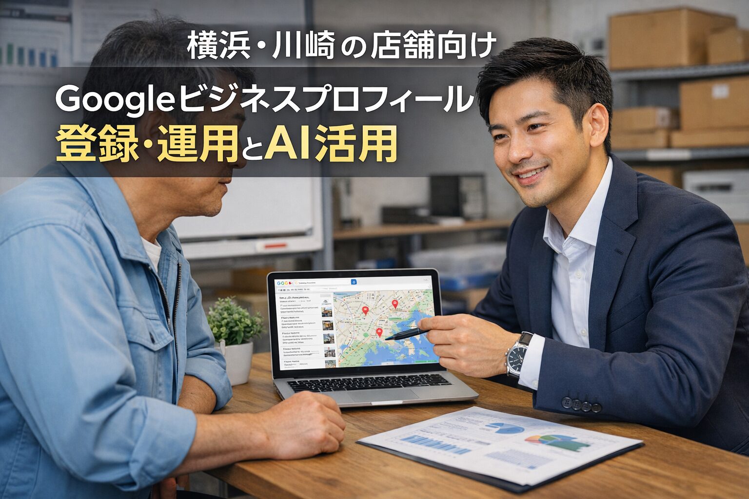横浜・川崎の店舗経営者がGoogleビジネスプロフィールの登録方法とAI活用についてコンサルタントに相談している様子