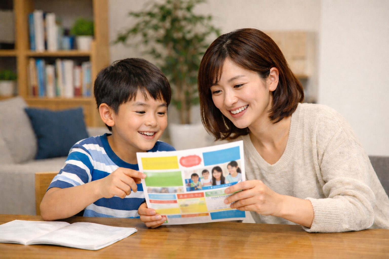 学習塾のチラシに興味を示す母親と小学生の子どもの様子|塾集客・チラシ反応率改善
