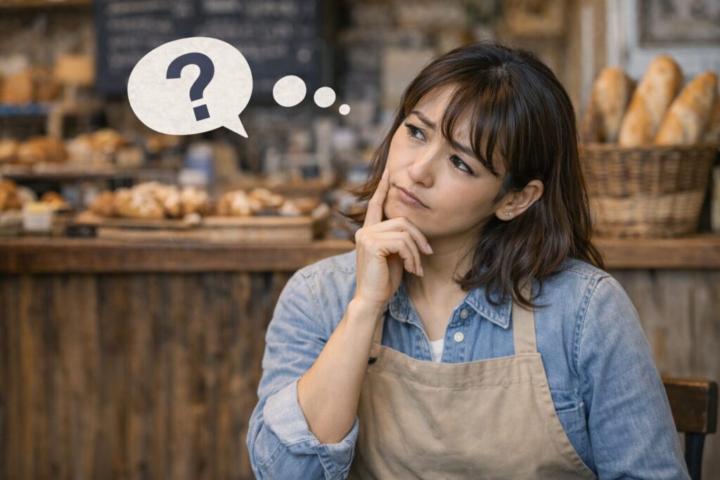 SNS投稿のネタが思いつかず首をかしげて考える飲食店の女性経営者