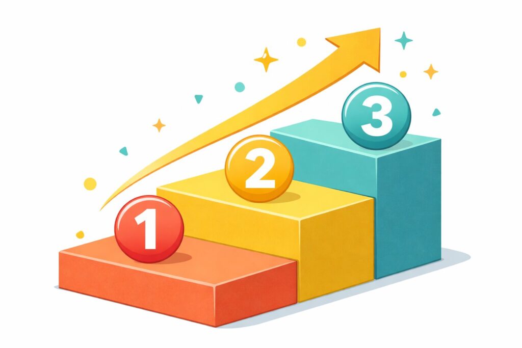 3つのステップを階段で表したイラスト｜学習塾の集客改善を分かりやすく解説