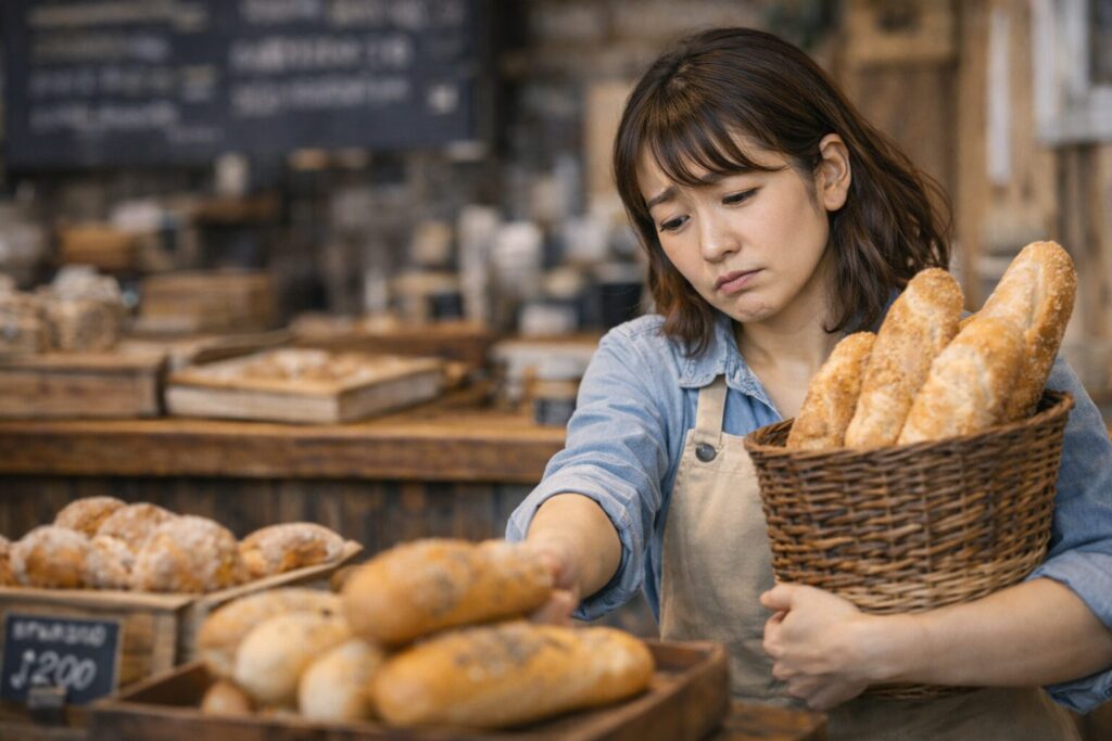 忙しさとSNS運用に疲れた表情でパンを補充するベーカリーショップの女性経営者