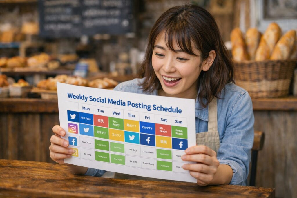 1週間分のSNS投稿計画を見て安心する飲食店女性経営者