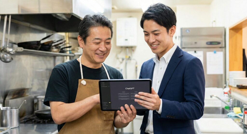 飲食店の厨房で、中年男性の店主と若いコンサルタントが並んで、笑顔でChatGPTの画面が表示されたタブレットを見ている。AI導入への前向きな様子を表現。