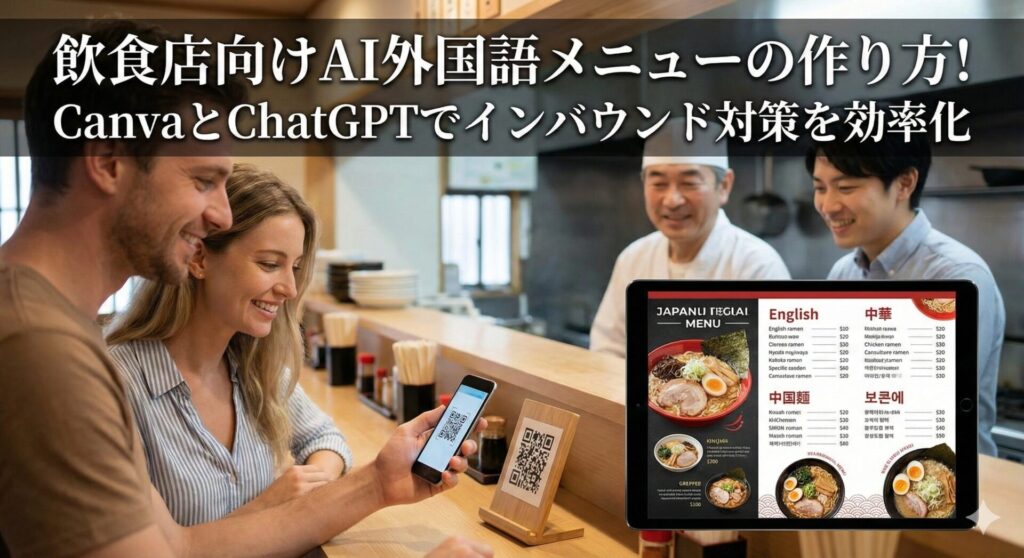 飲食店のカウンターで外国人観光客がQRコードを読み取り、タブレットの多言語メニューを見ている様子。背景には店主とコンサルタントが笑顔で見守り、記事タイトル「飲食店向けAI外国語メニューの作り方！CanvaとChatGPTでインバウンド対策を効率化」の文字が入っている。