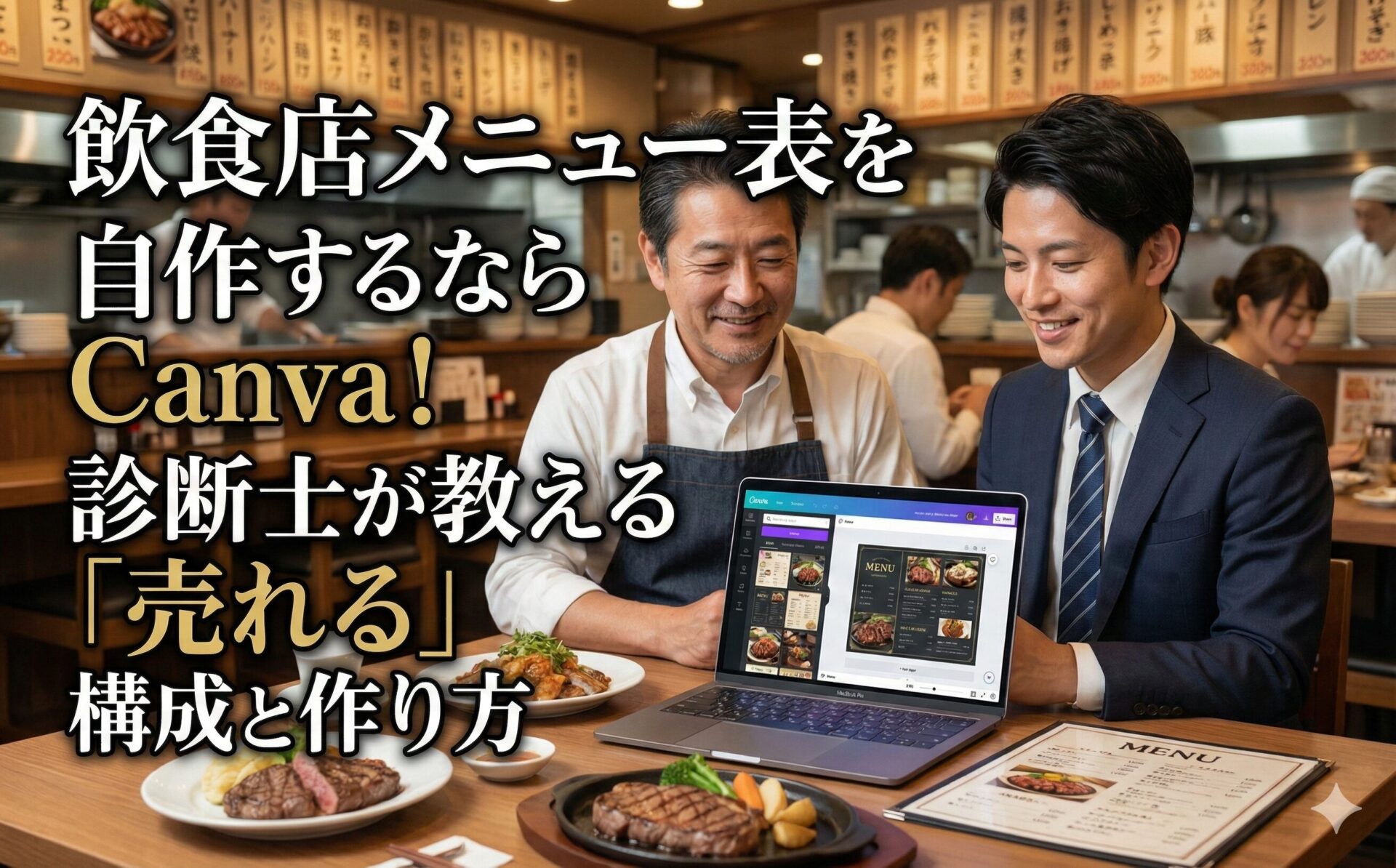 飲食店経営者と中小企業診断士が店舗でCanvaの画面を見ながら笑顔でメニューについて相談している様子。記事タイトル「飲食店メニュー表を自作するならCanva!診断士が教える「売れる」構成と作り方」の文字入り。