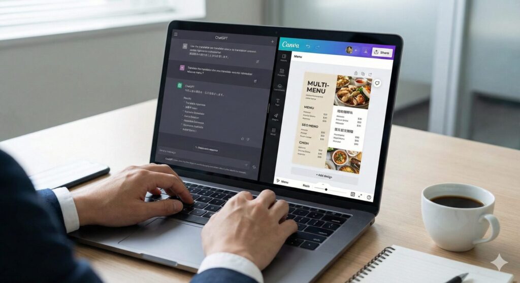 ノートパソコンの画面で、左側にChatGPTの翻訳画面、右側にCanvaのメニューデザイン画面を同時に開き、多言語メニューを作成しているコンサルタントの作業風景。