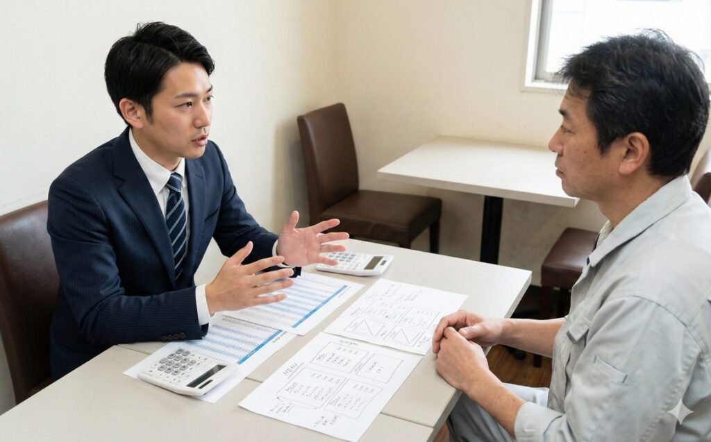スーツ姿の中小企業診断士が、作業着姿の経営者と机に向かい合い、売上データやメニュー構成のラフ案を指差しながら熱心に説明している。メニュー戦略の立案シーン。