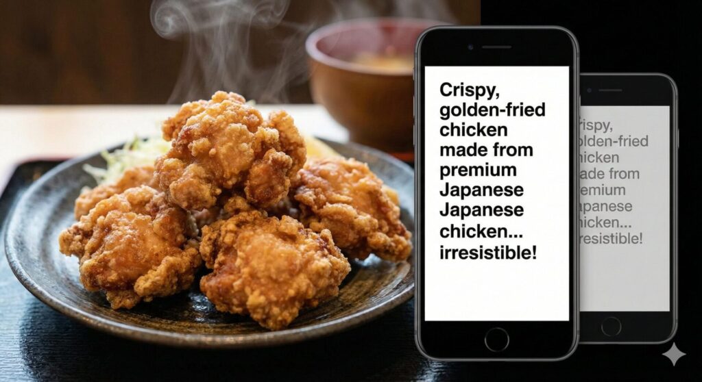 ジューシーな鶏の唐揚げの写真と、その魅力を伝えるシズル感のある英語表現が表示されたスマートフォンの画面。ChatGPTによる翻訳の質を視覚的に表現している。